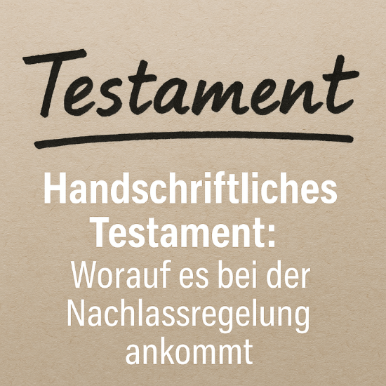 Handschriftlich geschriebenes Wort „Testament“ auf beigem Papier, darunter weißer Text: „Handschriftliches Testament: Worauf es bei der Nachlassregelung ankommt“. Das Bild visualisiert das Thema Testament und Nachlassregelung in Deutschland.