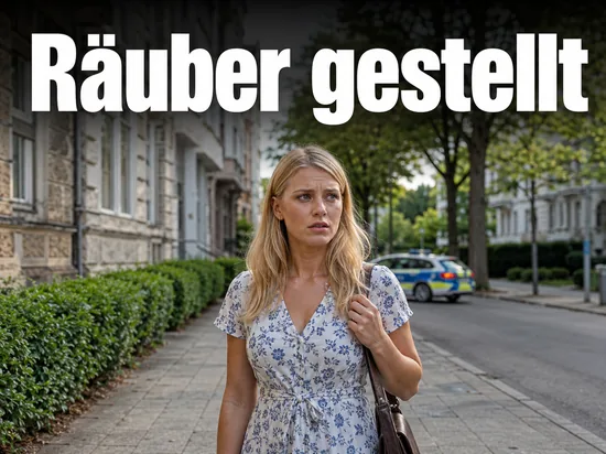 Frau auf einem Gehweg in einer Wohnstrasse mit Streifenwagen im Hintergrund: Zeugen stellen Handtaschenraeuber