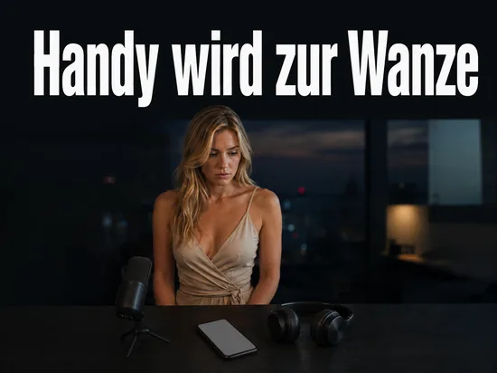 Frau am Tisch mit Smartphone, Mikrofon und Kopfhörern