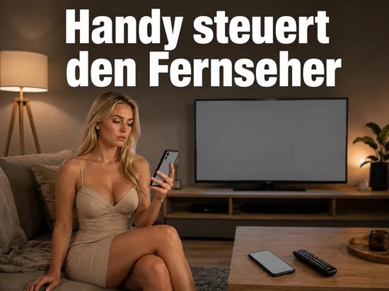 Frau auf dem Sofa mit Smartphone vor einem Fernseher