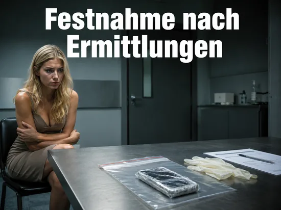 Frau in einem Ermittlungsraum mit einer Asservatentuete mit Mobiltelefon auf dem Tisch: Festnahme nach Ermittlungen