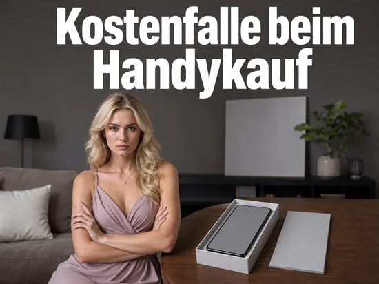 Frau am Tisch mit einem Smartphone in geöffneter Verpackung