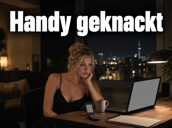 Frau sitzt nachts an einem Tisch mit Notebook und aufgeklapptem Klapphandy