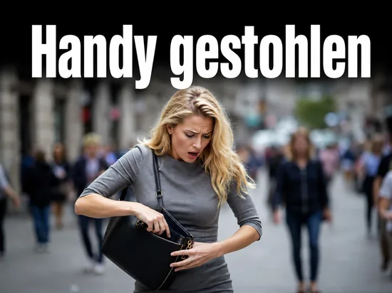 Frau greift auf belebter Straße erschrocken in ihre leere Handtasche