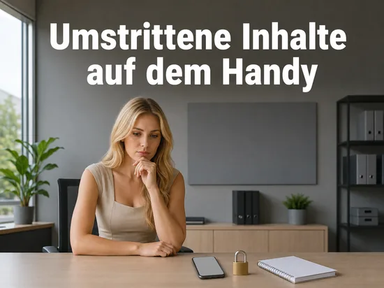 Frau am Schreibtisch mit Smartphone, Vorhängeschloss und Notizblock