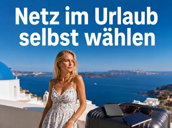 Frau im Urlaub mit Koffer, Smartphone und Sonnenbrille
