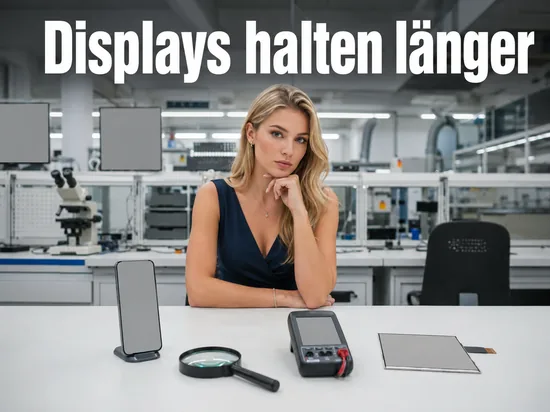 Frau in einem Elektroniklabor mit Handy im Halter, Lupe und Display-Panel, Schriftzug Displays halten länger