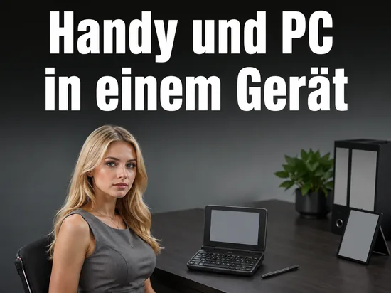 Frau am Schreibtisch mit einem kleinen Kombigerät aus Handy und PC