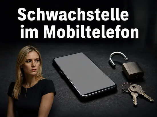 Frau an einem Tisch mit Smartphone, geöffnetem Schloss und Schlüsseln
