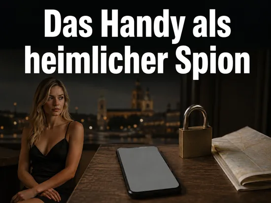 Frau am Tisch mit Smartphone, Vorhängeschloss und Karte