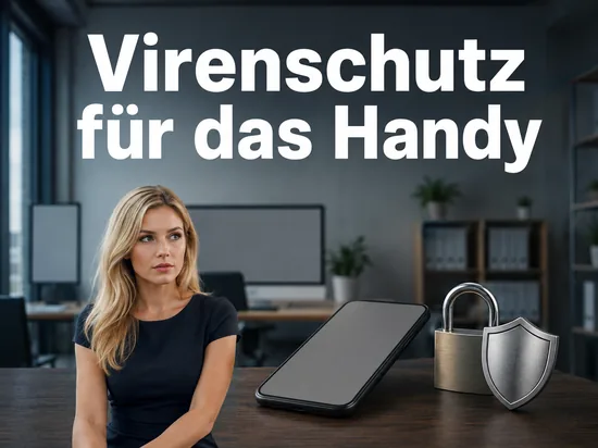Frau im Büro mit Smartphone, Vorhängeschloss und Schutzschild