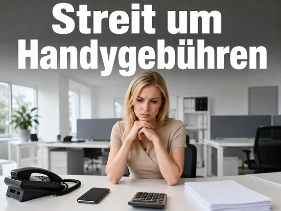Frau am Schreibtisch mit Festnetztelefon, Handy und Taschenrechner, Schriftzug Streit um Handygebühren