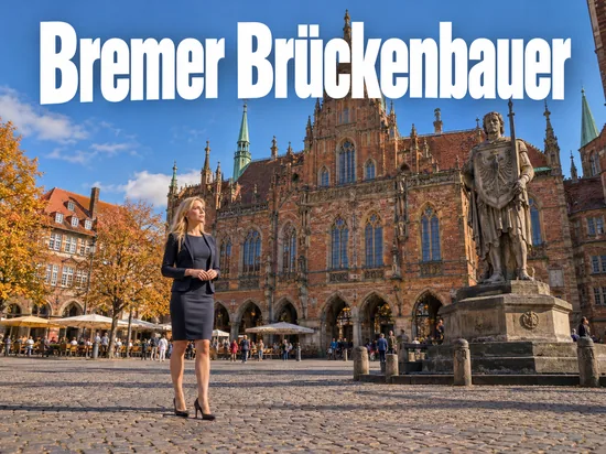 Frau im dunklen Etuikleid mit Blazer auf dem Bremer Marktplatz vor dem Rathaus und der Rolandstatue, darüber der Schriftzug Bremer Brückenbauer