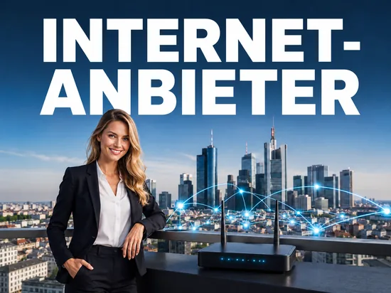 Laechelnde blonde Geschaeftsfrau neben modernem WLAN-Router mit Datenverbindungen vor Grossstadt-Skyline, Symbolbild expandierender Internet- und DSL-Anbieter