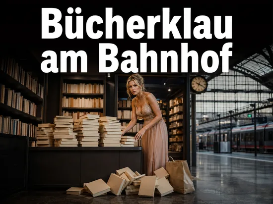 Frau in einer Bahnhofsbuchhandlung mit umgestossenen Buechern und Tragetasche: Buecherdieb sorgt am Bahnhof Hannover fuer Unruhe