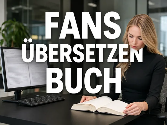 Blonde Geschaeftsfrau mit aufgeschlagenem Buch vor Monitor mit Uebersetzungsfenster, Schriftzug Fans uebersetzen Buch
