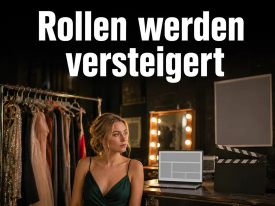 Theater-Backstage mit Kostuemstange und Filmklappe als Symbol fuer die Versteigerung von Filmrollen