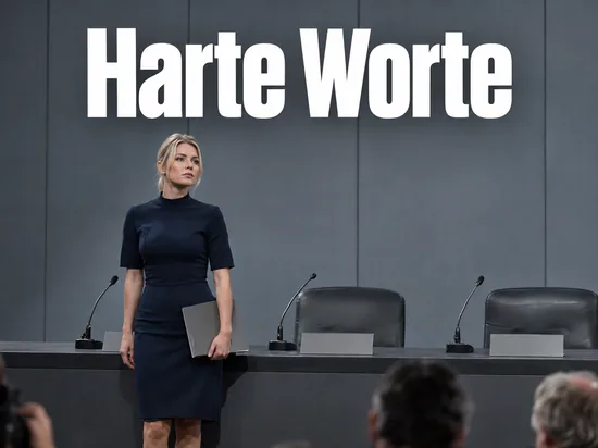 Pressekonferenz-Tisch mit Mikrofonen, eine Frau steht daneben