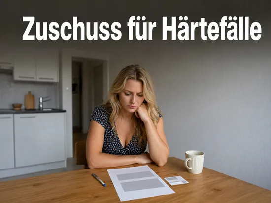 Frau sitzt an einem Kuechentisch und liest einen Behoerdenbescheid