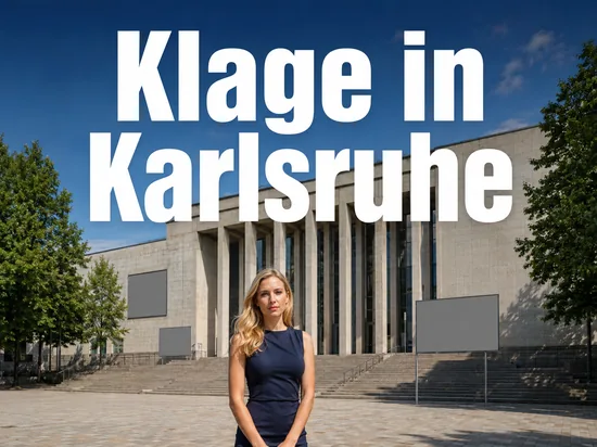 Frau steht vor einem grossen Gerichtsgebaeude mit Saeulen
