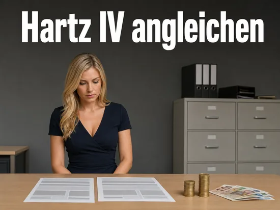 Frau steht an einem Schreibtisch mit zwei Antragsformularen und Muenzstapeln in einem Behoerdenbuero