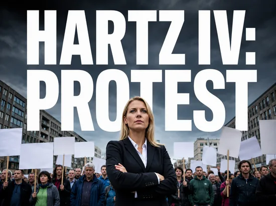Heftige Proteste gegen Hartz IV, entschlossene Geschäftsfrau vor einer Demonstration mit Transparenten