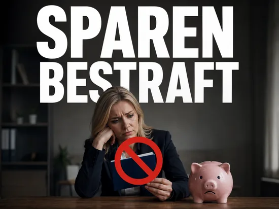 Wer vorsorgte, wird bei Hartz IV bestraft, frustrierte Geschäftsfrau mit Sparbuch und rotem Verbotssymbol