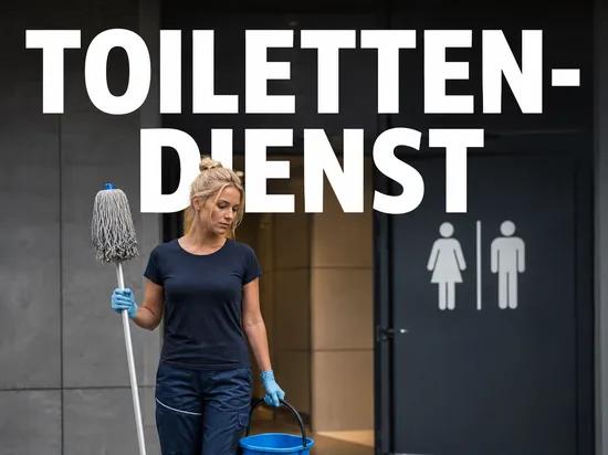 Nach Hartz IV droht Geringverdienern der Putzdienst, Frau in Reinigungskleidung mit Wischmopp vor Toilettentür