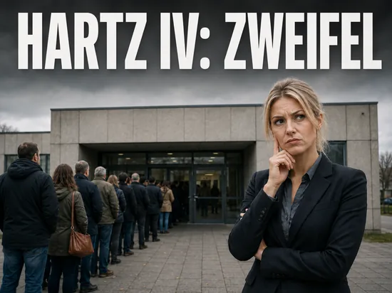 Umfrage zweifelt am Erfolg von Hartz IV, skeptische Geschäftsfrau vor einem Jobcenter mit Warteschlange