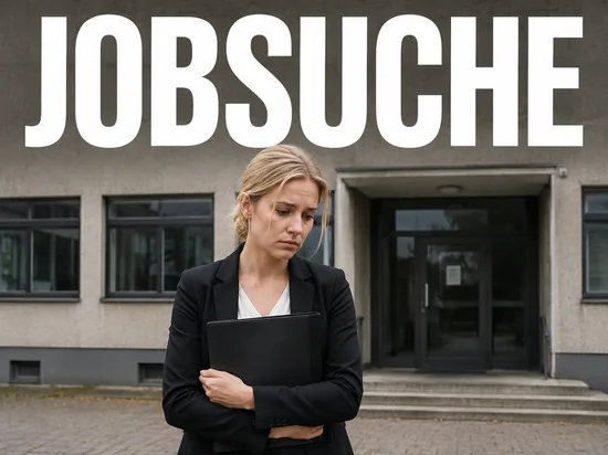 Entmutigte junge blonde Frau mit Bewerbungsmappe vor einem Jobcenter, Symbolbild gescheiterte Vermittlung arbeitsloser Jugendlicher