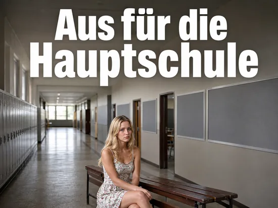 Schülerin auf einer Bank in einem leeren Schulflur mit Spinden
