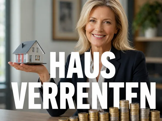 Geschäftsfrau hält ein Modellhaus über gestapelten Euro-Münzen, Symbolbild für die Immobilienverrentung zur Liquidität im Ruhestand
