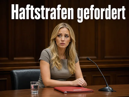 Frau an einem Verhandlungstisch im Gerichtssaal mit roter Aktenmappe: Staatsanwaltschaft fordert Haftstrafen
