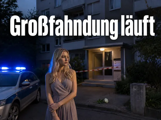 Frau vor einem abgesperrten Wohnhaus mit Streifenwagen und niedergelegter Blume: Grossfahndung nach dem Taeter