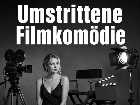 Filmstudio in Schwarzweiss mit alter Kamera, Filmklappe und Regiestuhl als Symbol fuer eine umstrittene Filmkomoedie