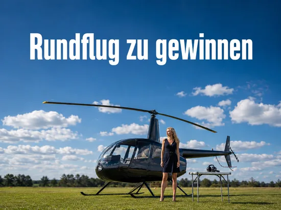 Frau neben einem Hubschrauber auf gruener Wiese, Schriftzug Rundflug zu gewinnen
