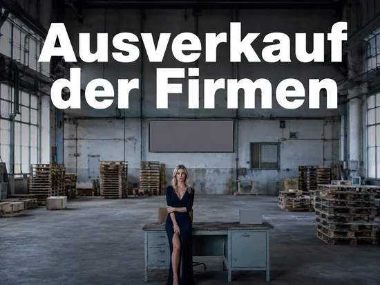 Frau steht in einer leergeraeumten Fabrikhalle an einem verlassenen Schreibtisch