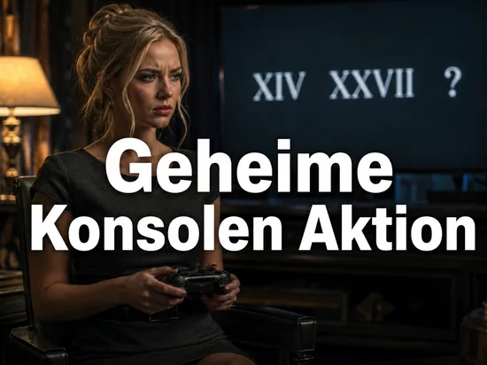 Geschaeftsfrau mit Spielekonsolen-Controller vor einem Bildschirm mit roemischen Ziffern und Fragezeichen als Symbol fuer eine geheime Gewinnspiel-Aktion