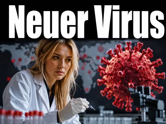 Junge blonde Wissenschaftlerin mit ernstem Blick, im Hintergrund ein Virusmodell und eine Weltkarte als Symbol fuer eine globale Virusgefahr