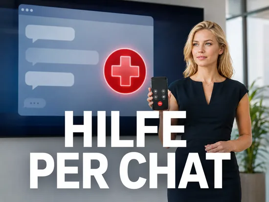 Blonde Frau mit Smartphone vor einem Chat-Fenster und rotem Hilfesymbol als Symbol für eine über das Internet vermittelte Rettung