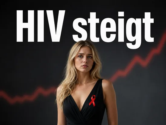 Junge blonde Frau mit roter Aids-Schleife blickt ernst, im Hintergrund eine steigende Kurve als Symbol fuer steigende HIV-Infektionen