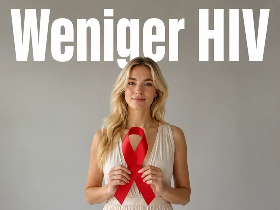 Junge blonde Frau haelt eine rote Aids-Schleife als Symbol fuer den Rueckgang bei HIV-Infektionen