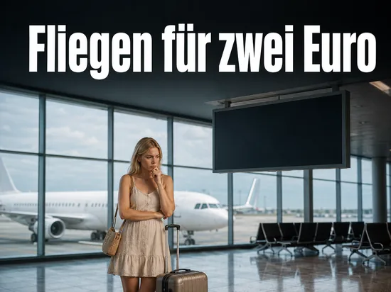 Frau mit Koffer in der Flughafenhalle vor einem Flugzeug, Schriftzug Fliegen fuer zwei Euro