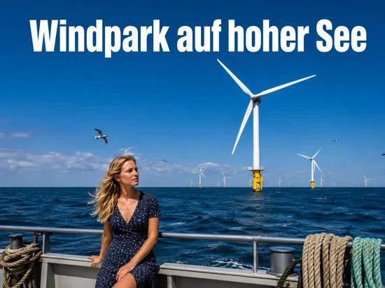 Offshore-Windraeder in der Nordsee vom Deck eines Schiffes aus gesehen