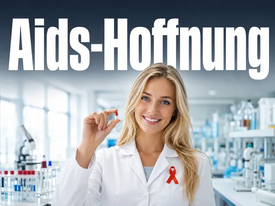 Junge blonde Aerztin mit hoffnungsvollem Laecheln haelt ein neues Aids-Medikament, an ihrem Kittel eine rote Schleife