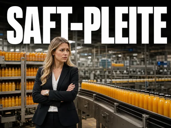 Blonde Geschaeftsfrau in einer Fruchtsaft-Abfuellanlage, Symbolbild Insolvenz einer Saftfirma