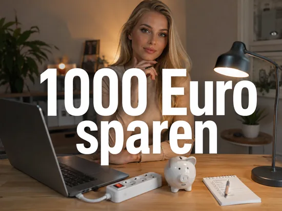 Homeoffice-Schreibtisch mit Laptop, LED-Lampe, schaltbarer Steckdosenleiste, Sparschwein und Notizzettel, davor eine Frau
