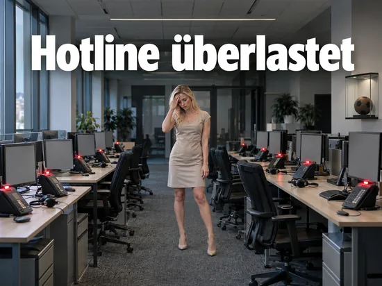 Frau steht überfordert in einem leeren Callcenter zwischen Telefonen mit blinkenden Lämpchen