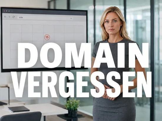 Geschaeftsfrau vor Bildschirm mit Browser-Adresszeile und rot markiertem Kalendertermin als Symbol fuer eine vergessene Domain-Verlaengerung