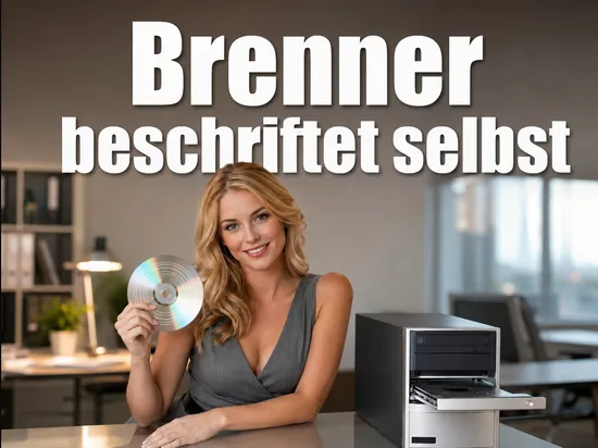 Frau mit silberner CD vor einem Rechner mit offenem Laufwerk als Symbol fuer die Software, die Discs direkt im Brenner beschriftet
